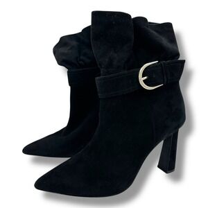Joie Alby Black Suede Slouchy Ankle Boots Pointed Toe Heel Gold Buckle Size 39